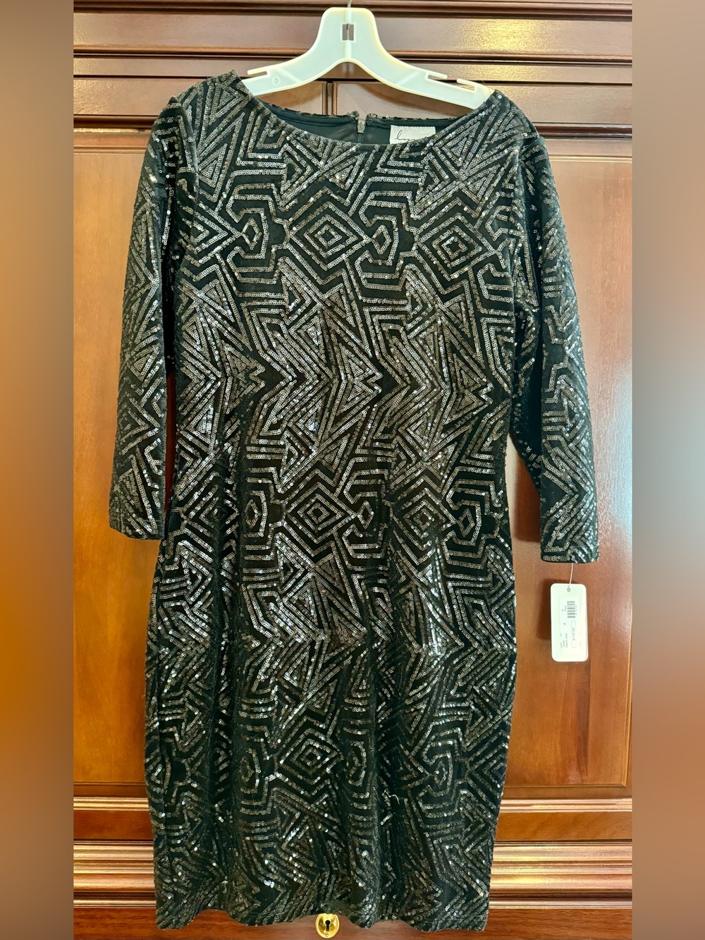 Women's Black Sequin Geometric Long Sleeve Dress